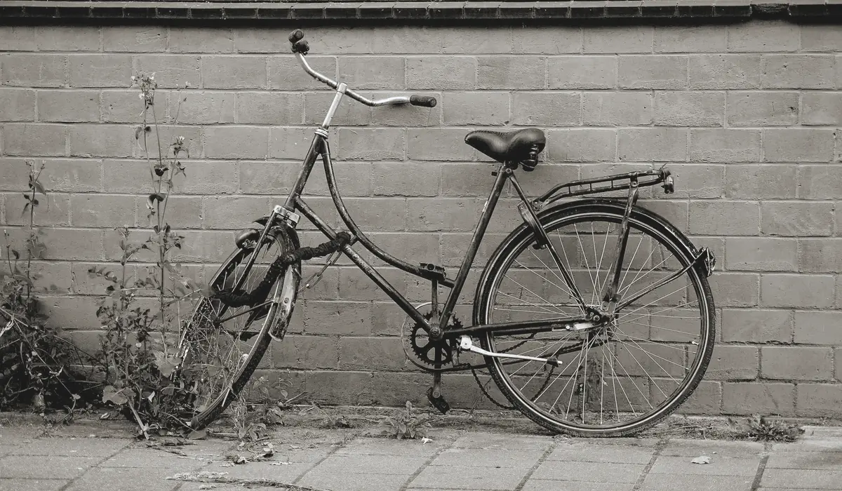 Monochrome image of a vintage bicycle leaning against a brick wall on an Amsterdam street.