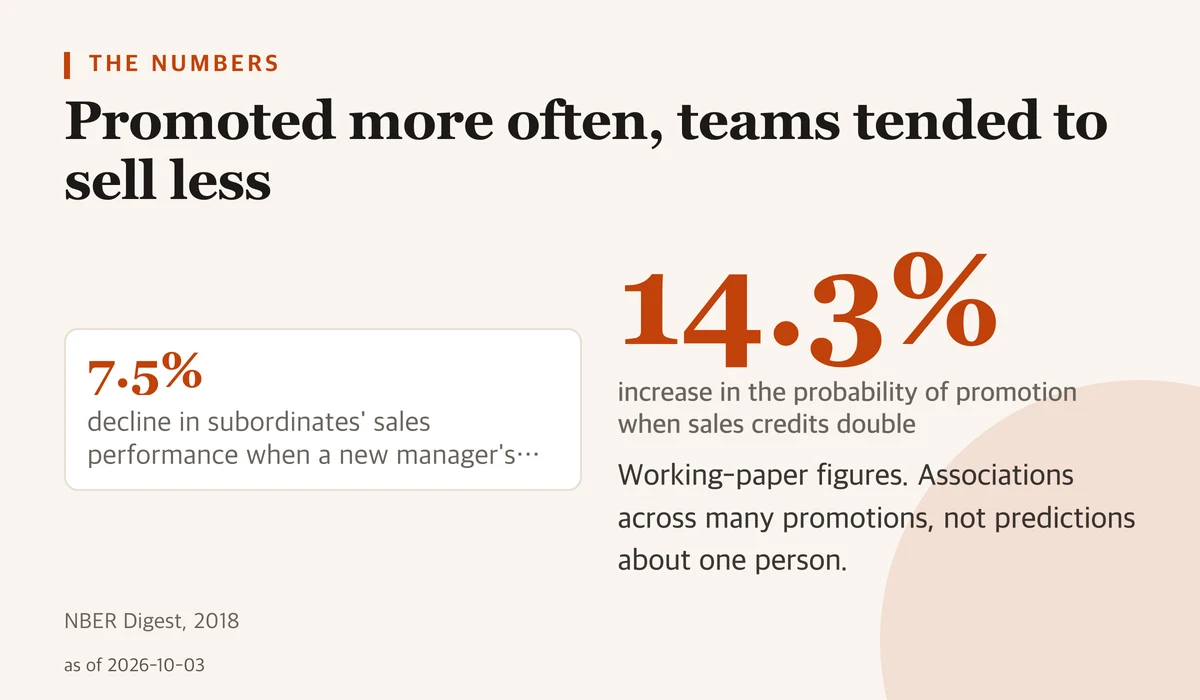 A 14.3 percent increase in the probability of promotion when a salesperson's sales credits double, next to a 7.5 percent decline in subordinates' sales performance when a new manager's pre-promotion sales double.