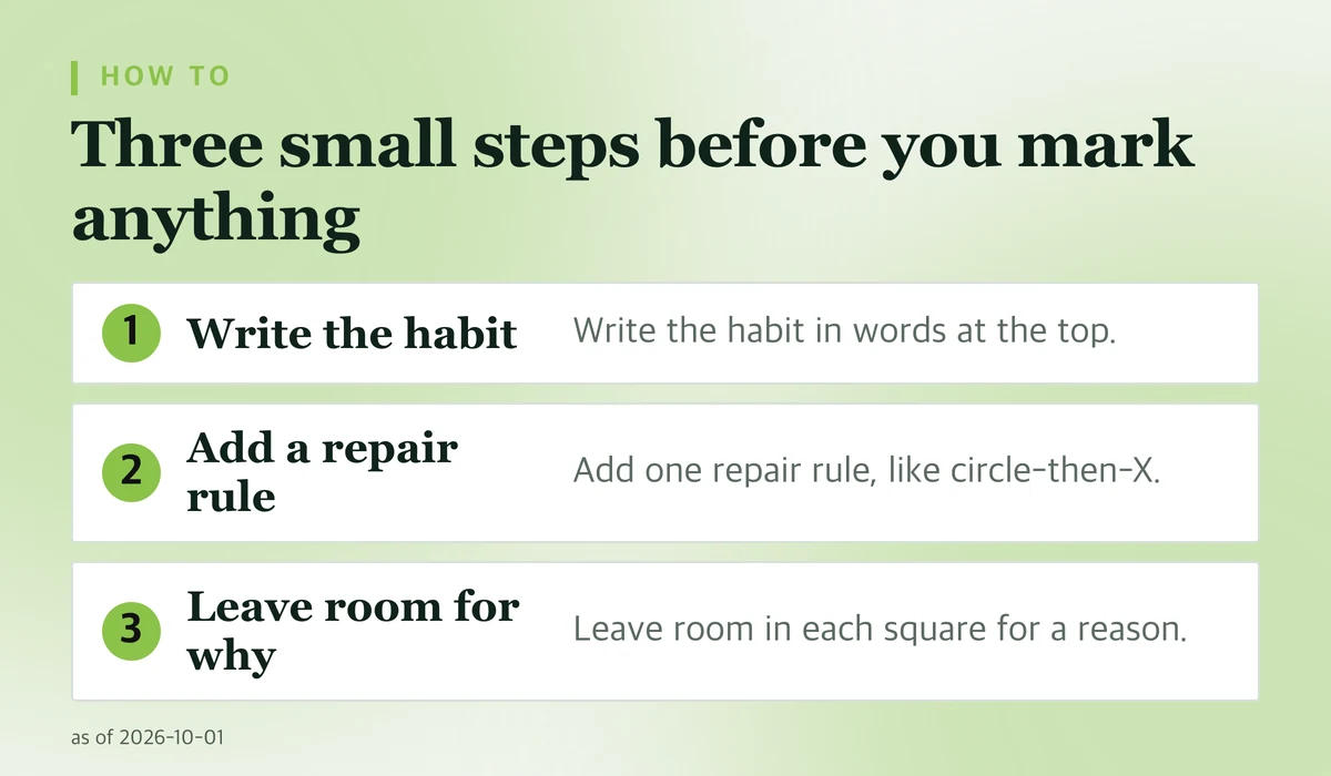 Three steps for setting up a habit tracker: write the habit in words at the top, add one repair rule, and leave room in each square for a reason.