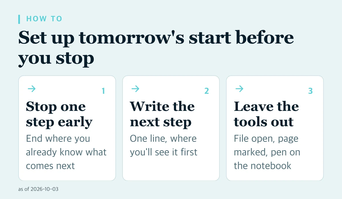Three steps: stop one step early, write the next step, leave the tools out.
